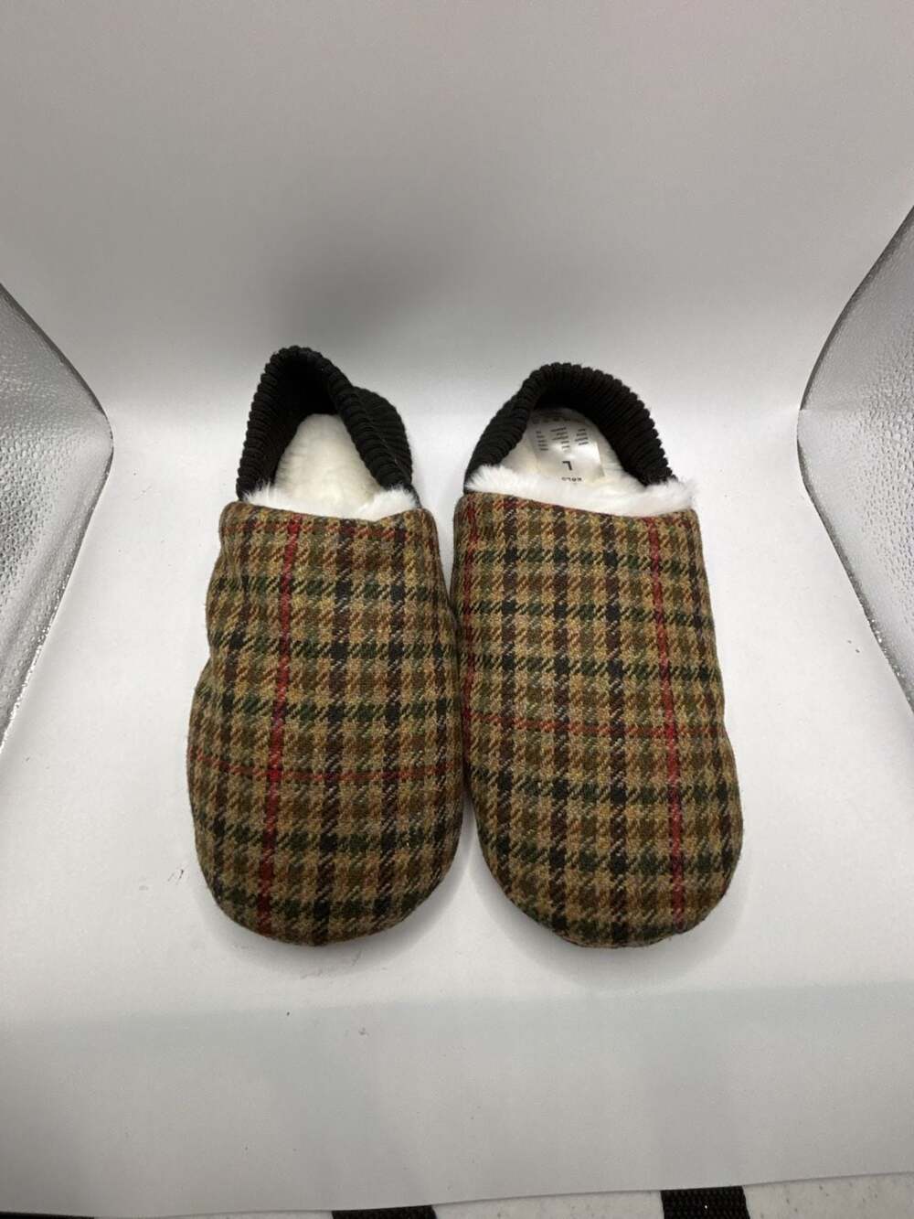 Kolo Wool Tweed Plaid Slippers with Faux Fur Lining Size L